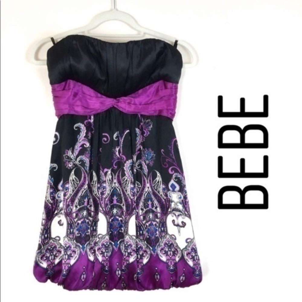 BEBE Silk Paisley Print Bubble Hem Strapless Dress‎